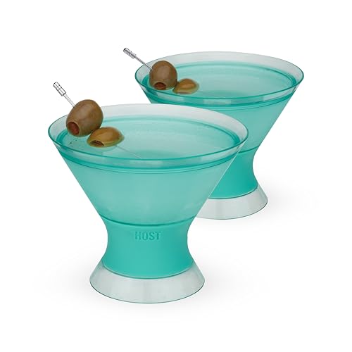 Image of HOST Freeze Insulated Martini Cooling Cups, Plastic Freezer Gel Chiller Double Wall Stemless Cocktail Glass Set of 2 9oz, Tinted Aqua Blue, Green