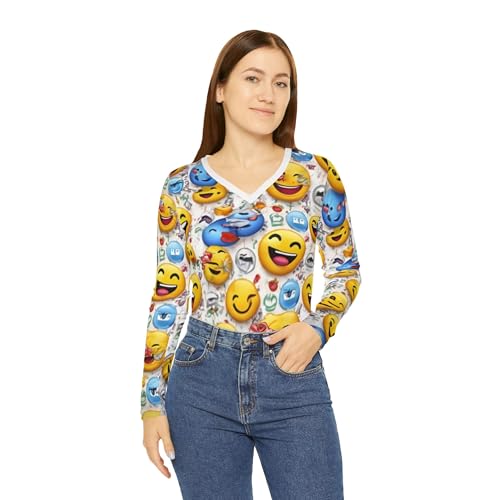 Chemise à manches longues col en V 7SOULS au motif emoji coloré unique pour femme