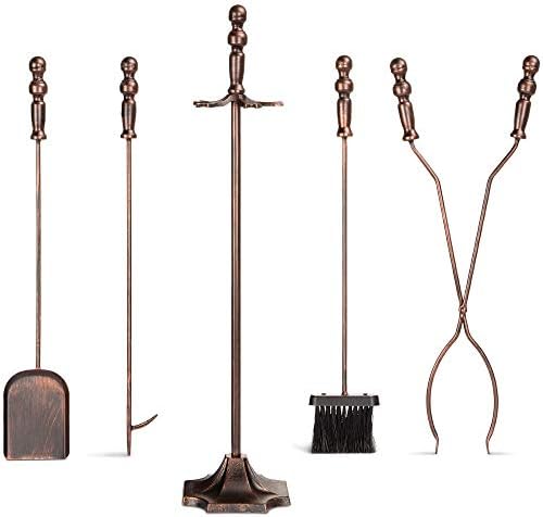 Best Choice Products Fireplace Tool Set 5pc Indoor Wrought Iron Outdoor Firepit Tool Set w/Poker, Tongs, Broom/Brush, Stand – Copper