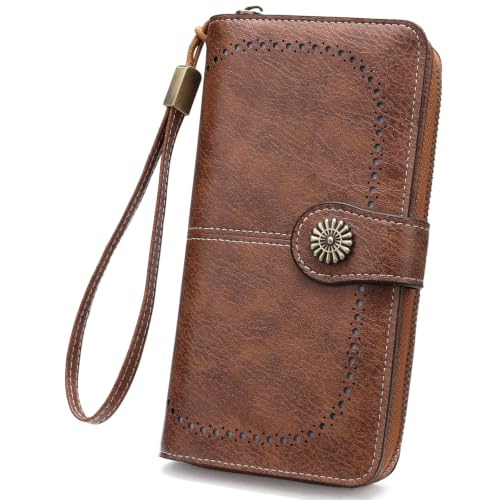 Image of Wristlet Wallets for Women Leather Credit Card Holder Bifold | RFID Blocking, Large Capacity, Ladies Phone Clutch Purse with Zippered Coin Pocket