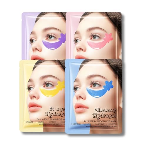 4 Paare Augenpflaster Set, Feuchtigkeitsspendende Augenmasken gegen Tränensäcke & Augenfalten, Hydrogel Eye Patches mit Hyaluron & Kollagen für Strahlende Augenpflege (24K Gold, Blau, Rosa, Grün)