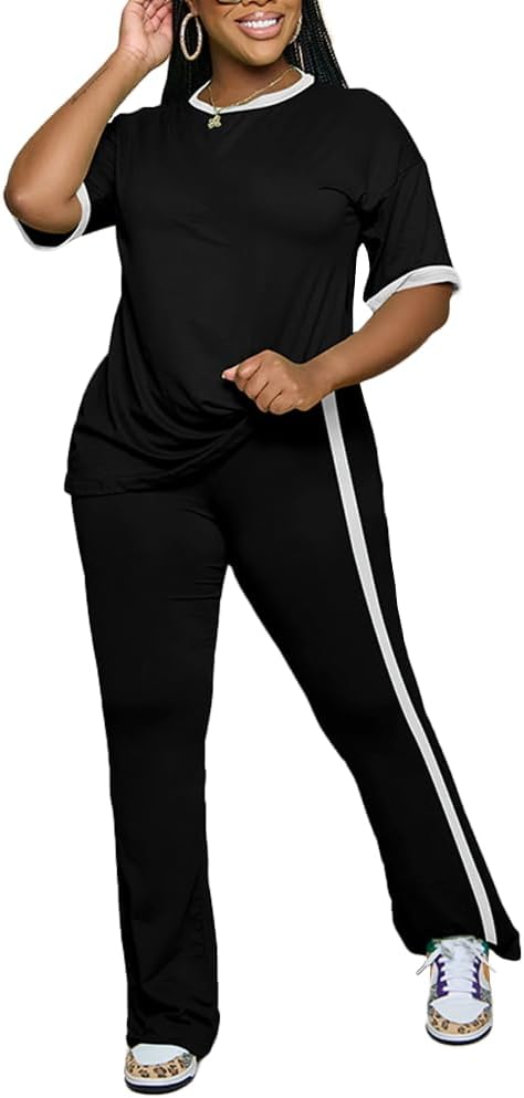 PINSV 2 Piece Sets for Women Summer Casual Short Sleeve Top and Flare Pants Lounge Sets - Image 2