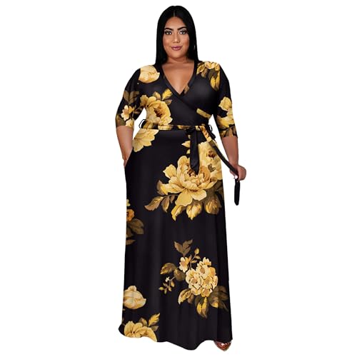 Image of Runwind Plus Size Dress for Women - 3 /4 Sleeve V Neck Maxi Dresses for Women (XL-6XL)