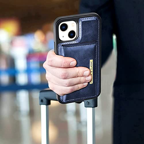 Image of PULOKA Wallet Back Case - Compatible with iPhone 14 Plus - Vegan Leather Phone Cover - Detachable Card Holder Case with Kickstand - Shockproof, Anti Scratch & Raised Edges for Protection - Blue