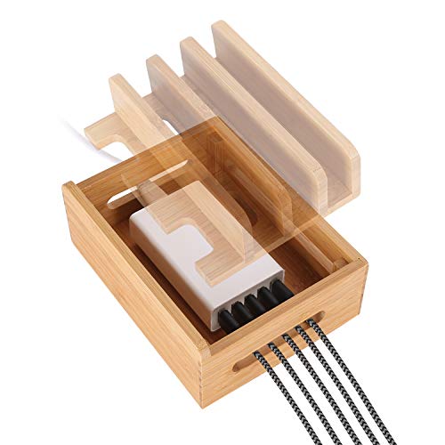 Bureau en Bois de Bambou Cordons Multi-appareils Support Organisateur et Station de Charge Chargeur Docks Support de Berceau pour iPhone iPad Samsung Huawei OnePlus LG Sony Smartphones et Tablets