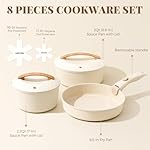 PRICUSIS Ceramic Pots and Pans Set with Detachable Handle, Non-toxic Nonstick 8pcs Cookware Set with Die-cast Lids, Dishwasher & Oven Safe, PTFE PFOA PFAS Free, Perfect for College Dorm, Cream White