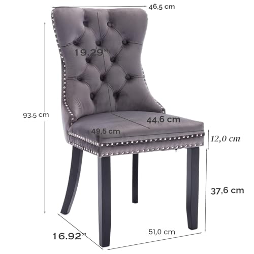 Miniatura 2 de Soarflash Juego De 4 Sillas De Comedor En Terciopelo, Con Espaldar Ala Acolchado, Remaches De Clavos, Forro Remachado, Aro Decorativo Trasero Y Patas De Madera, Gris
