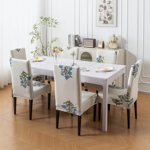 Image of House of Quirk Elastic Chair Cover Stretch Removable Washable Short Dining Chair Cover Protector Seat Slipcover (Pack of 1, Beige Wildflower)