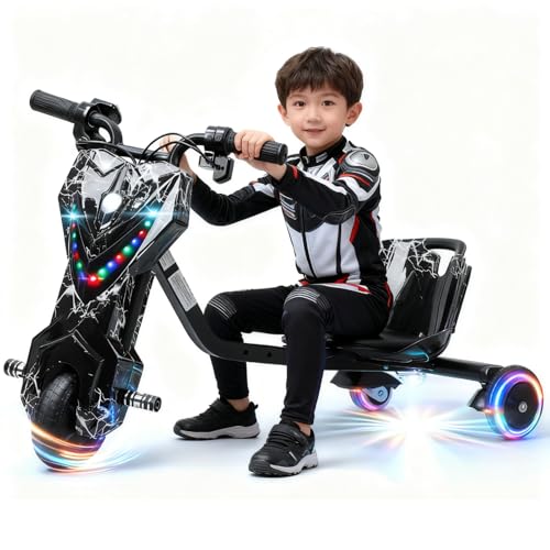 Kids Electric Drift Trike, 12V Ride on Tricycles with Swivel & Slide 360 Degree Drift for 8+ Children - Adjustable Seat Length Three-Speed Throttle Drift Cart (9Mph)