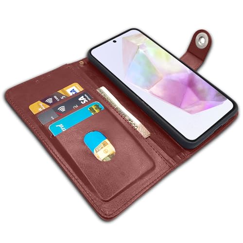Image of Pikkme Samsung Galaxy A35 5G Flip Cover Leather Finish | Inside TPU with Card Pockets | Wallet Stand and Shock Proof | Complete Protection Button Flip Case (Brown)