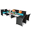 Tangkula 8 Pieces Patio Wicker Conversation Furniture Set, Patiojoy Sofa & Table Set w/4 Seats, Outdoor Rattan Sofa Set for Balcony Backyard, Wicker Chair Set with Tempered Glass Coffee Table