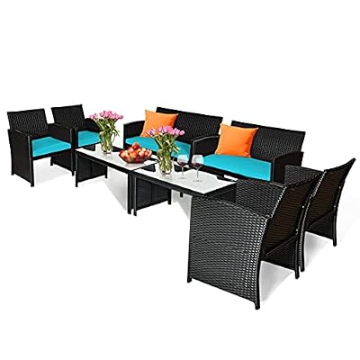 Tangkula 8 Pieces Patio Wicker Conversation Furniture Set, Patiojoy Sofa & Table Set w/4 Seats, Outdoor Rattan Sofa Set for Balcony Backyard, Wicker Chair Set with Tempered Glass Coffee Table