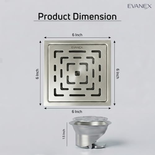 Image of EVANEX Square Bathroom Drainer | Shower Drainer Channel | 6x6 Inch Floor Drain | 304 Stainless Steel Bathroom Jali |Waste Water Floor Drain with Cockroach Trap | Silver| Bathroom Accessories Set