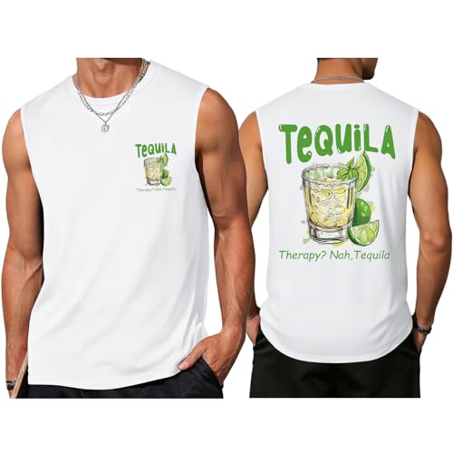 KIEKIECOO Men's Tequila Tank Top Shirt Funny Drinking Sleeveless Tees Cinco De Mayo Margarita Fiesta Shirt Muscle Cotton Tank(White,XL)