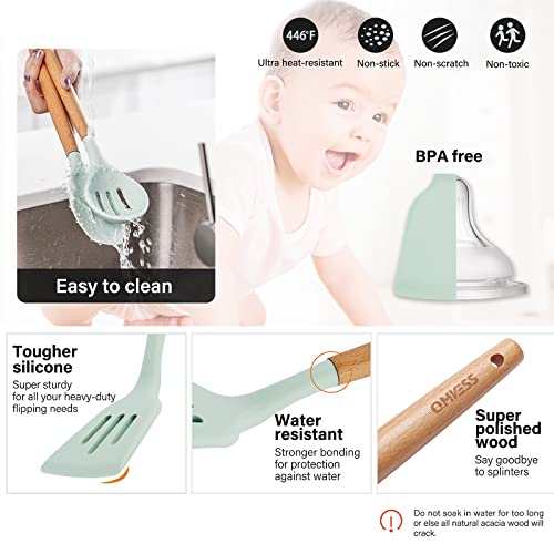 Kitchen Utensils Set, Qmvess 35 Pcs Non-Stick Silicone Cooking Utensils Set With Holder, Sturdy Wooden Handle, Heat Resistance Silicone Spatula Spoon Kitchen Gadgets Utensils Set (Light Green) #TOP1