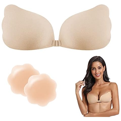 TOFBS Women Strapless Adhesive Bra Reusable Sticky Invisible Push Up Bra Silicone Nipple Covers for Backless Dress (Skin,C) Cover