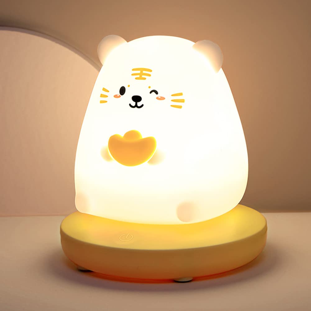 LED Children Night Light, Cute Tiger Night Light Soft Silicone Night Light with Touch Sensor, Protable Led Animal Silicone Kids Lamp USB Rechargeable Bedside Lamp for Room Desk Decor Birthday