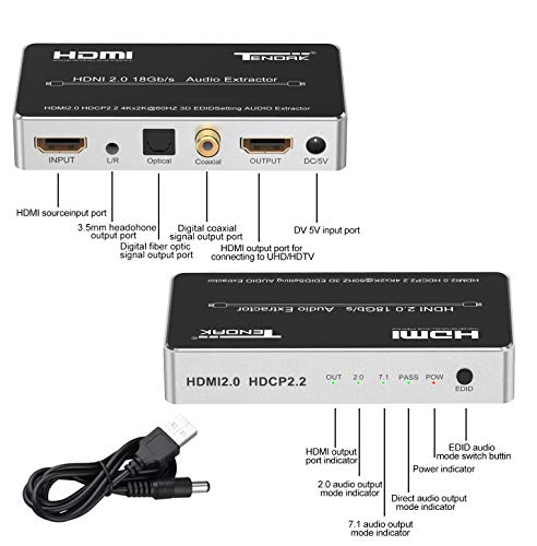 Tendak HDMI 2.0 Audio Extraktor, HDMI Audio Splitter 4K HDMI zu Optisch Spdif Toslink Coaxial und 3,5mm Stereo Audio Konverter Unterstützung 4K@60Hz HDCP 2.2 HDR 3D für Blu-ray DVD Player PS4 Xbox One