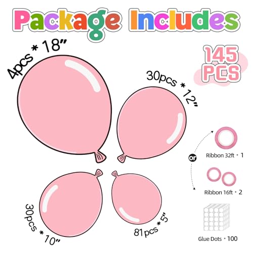Image of 145pcs Pink Balloons Different Sizes 18 12 10 5 Inch Light Pink Balloon Arch Kit Garland for Birthday Party Graduation Baby Shower Wedding Valentine Christmas Anniversary Decorations