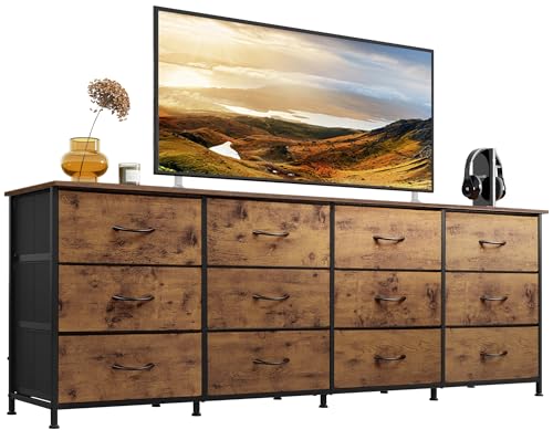 For 85,80,75,65 Inch Tv, 12 Drawer Long Fabric Dresser With Wood Top, Wide Entertainment Center Storage Chest For Living Room, Closet, Rustic Brown