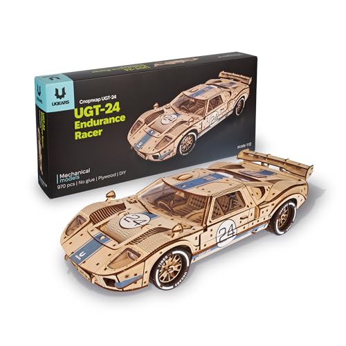 UGEARS UGT-24 Ausdauer-Rennwagen 3D Puzzle - 1:12 Maßstab Mechanischer Holzmodellbausatz für Erwachsene - Sportwagen-Modellbausatz - Rennwagen 3D Holzpuzzle für Erwachsene 970 Teile