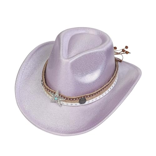 staol Fashion Cowboy Hat for Women Man Glittering Wide Brims Hat with Star Belts Breathable Sunproof Hat Travel Fedoras Caps Light Purple, 1-5