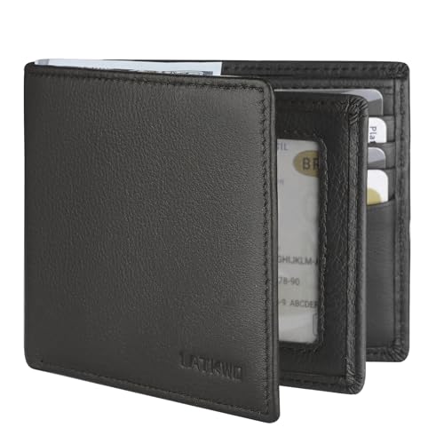 LATKWO Mens Wallet - Genuine Leather Bifold RFID Blocking Slim Front Pocket Large Capacity with 10 Card Slots, 2 ID Windows & 2 Cash Pockets - Heavy Duty Stitched Gift for Men (Black)