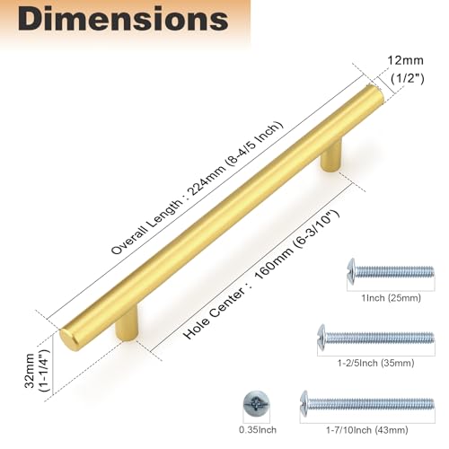 Image of Probrico 5 Pack 6-3 /10 Inch Center-to-Center Kitchen Cabinet Pulls T Bar Gold Cabinet Handles Modern Drawer Hardware Dresser Pulls, 8-4 /5 inch Total Length