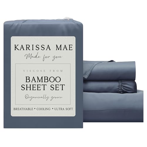 Image of KARISSA MAE Luxury Bamboo Viscose Twin XL Size Sheet Set | FSC Certified | Cooling | Ultra Soft | 18 inch Deep Pockets | Elastic Corner Straps | Includes Organizer Band [Slate Blue]