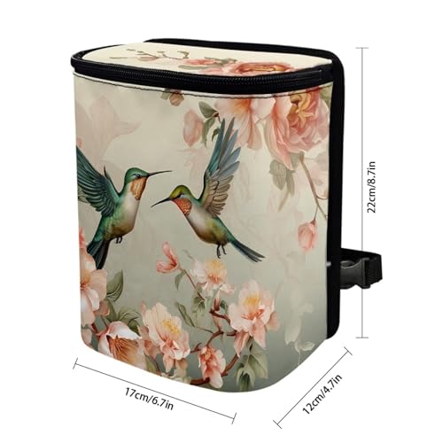Image of Retro Hummingbird Car Trash Bag Bin Hanging Leak Proof Reusable Automotive Garbage Can with Lid,Durable Car Accessories Auto Organizer and Storage