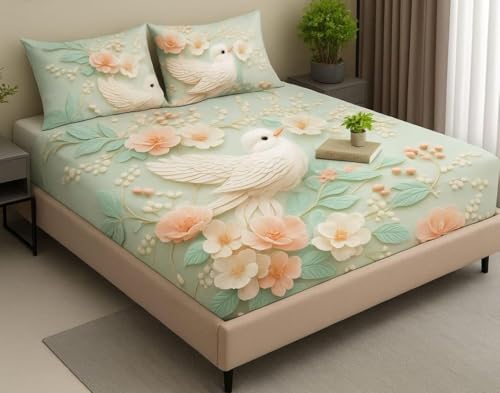 Image of 7D Flat Bedsheet 400TC Sheet Set, Kids Design bedsheet, Floral Design, Decorative Bedding with Daisy Pattern, Kids Room Decor, 90X100 Inch (Bird)