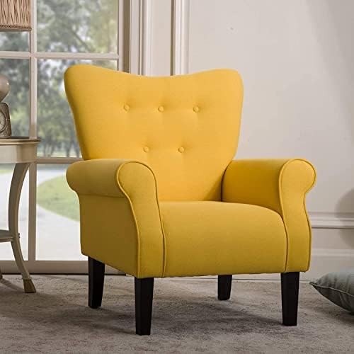 MELLCOM Mid Century Wingback Arm Chair,Modern Upholstered Fabric High Back Accent Chair with Wood Legs,Upholstered Single Sofa Club Chair for Living Room, Bedroom, Home Office, Yellow