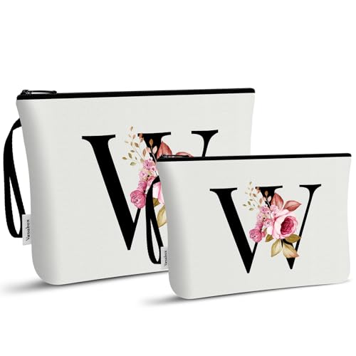 Image of Vavabox A-Z Personalized Makeup Bag, Birthday Gifts for Women Mom, Gifts for Best Friend, Bride Bridesmaid Cosmetic bag (W, 03-White Set)