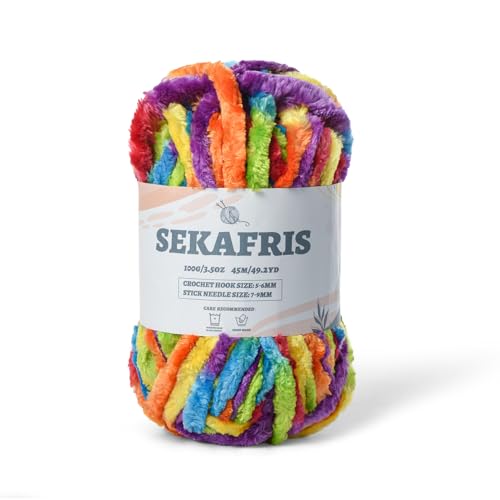 Image of Fuzzy Chunky Chenille Yarn for Crocheting,Soft Plush Yarns for Hand Knitting,Bulky 100 g(49.2 yd) Baby Blanket Yarn for Crocheting Amigurumi,Crochet Fluffy Velvet Yarns (Rainbow)