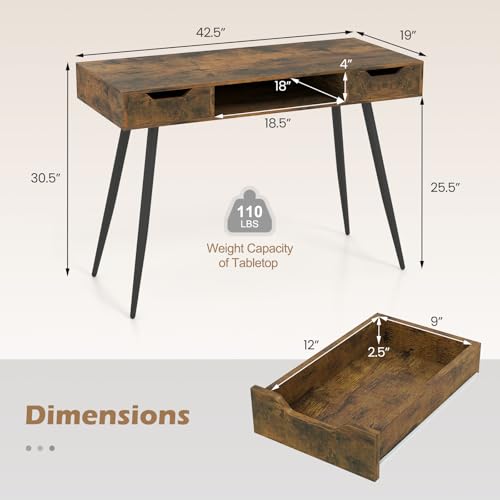 Image of Tangkula Mid Century Modern Computer Desk, Writing Desk with 2 Drawers & Open Center Storage, Small Wooden Study Table for Home Office & Compact Spaces (Rustic Brown)