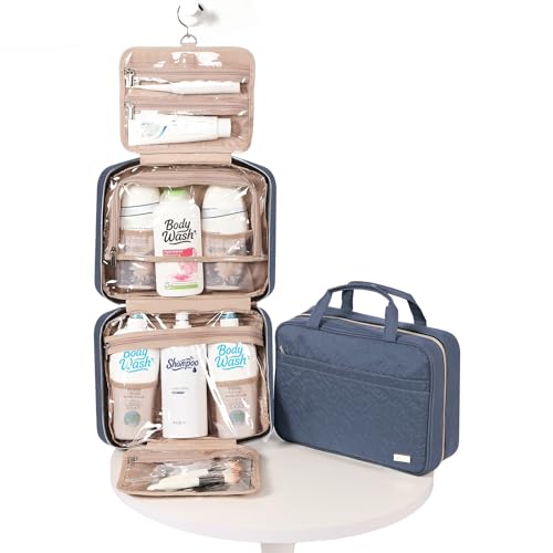 Image of NISHEL Travel Toiletry Bag for women, Portable Hanging Organizer for Family-Sized Shampoo, Conditioner, Brushes Set, Makeup Accessories, Extra Large Size, Aegean-Blue