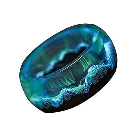Wooden Epoxy Ring,Luminous Glow Ring Glowing in the Dark,Handmade Wooden Ring with Mountain Wood Resin Ring For Man and Woman,Northern Lights Glows Fidget Ring,Stress Relieving Anxiety Ring (A, 8) Cover