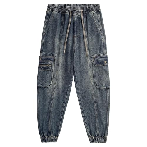 Cargo Jeans for Men Loose Fit Vintage Denim Jogger Blue Pants Streetwear Multi Pocket Work Pants
