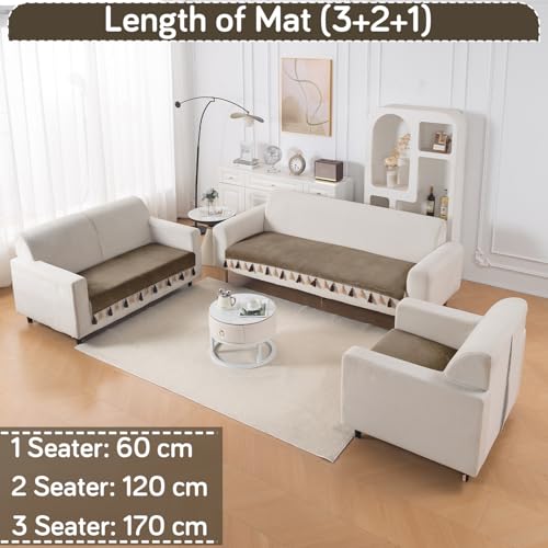Image of HOKIPO 6 Seater Sofa Cover Mat with Tassel in 3+2+1 Configuration | Dyed Holland Velvet Fabric | 'TasselTone Series' | Coffee Brown (IN-1108+1106+1104-CF)