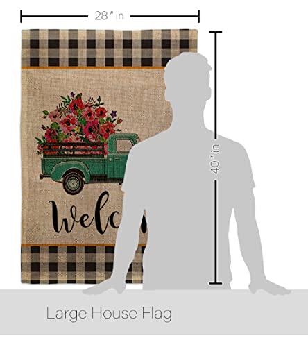 Old Farm Vintage Truck Burlap House Flag - Set Fall Harvest & Autumn Scarecrow Pumkins Sunflower Leaves Season Autumntime Gathering - Banner Small Garden Yard Gift Double-Sided Made in USA 28 X 40