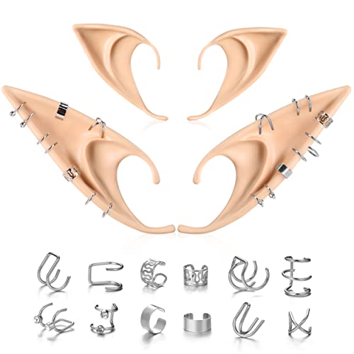 FRESHME Cosplay Elf Ears with Earrings Set - 2 Pairs Fairy Ears and Silver Chain Earrings Cuffs Set Ear Accessory for Women Christmas Renaissance Halloween Custome Anime Masquerade Party Photoshoot