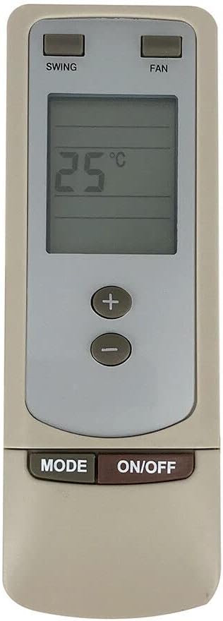 Przód view of the replacement remote control, clearly showing the LCD screen displaying '25°C', and the layout of all buttons including SWING, FAN, plus/minus for temperature, MODE, and ON/OFF.