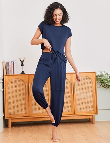 Image of Ekouaer Pajamas for women 2 Piece Lounge Set Cap Sleeve Sleepwear Joggers Pants Pjs with Pockets S-XXL