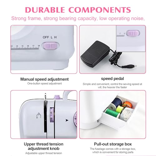 Mini Nähmaschine - 12 Stiche Elektrische Tragbare Nähmaschine mit Eingebautem LED-Licht und Fußpedal, Multifunktionsnähmaschine Haushaltsnähmaschine Doppellinien-Rückwärtsstich für Anfänger/Kinder