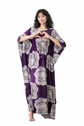 Image of Ichaa Women's Pink Rayon Printed Round-Neck Kaftan-Style Free Size Nighty with Drawstring