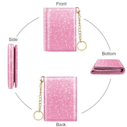 Image of Trifold Small RFID Blocking Wallet Pocket Cute Short Slim Sparkling Credit Card Holder Leather Keychain Ladies Mini Purse with ID Window, Glitter Peach
