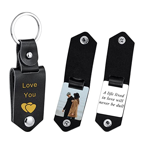 INBLUE Personalisierter Leder-Schlüsselanhänger mit Heißprägen Symbol Foto Text Individueller Jahrestag Schlüsselanhänger für Männer Vater Ehemann Freund (Schwarzes Leder & Farbiges Bild) Cover