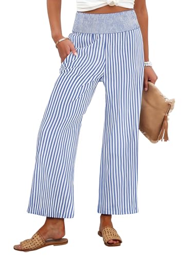 ANRABESS Women Striped Gingham Wide Leg Palazzo Pants Casual Lounge Cropped PJ Bottoms Comfy Cute Plaid Pants with Pockets Blue White Stripe Medium