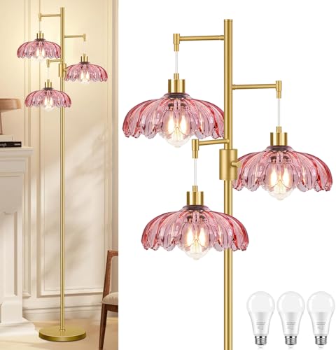 Image of ZECOXOL Gold Floor Lamps for Living Room-3 Light Dimmable Floor Lamp with Three Bulbs & Glass Lampshape, Mid Century Modern Standing Lamp Tree Tall Flower Floor Lamp for Bedroom Living Room,Corner