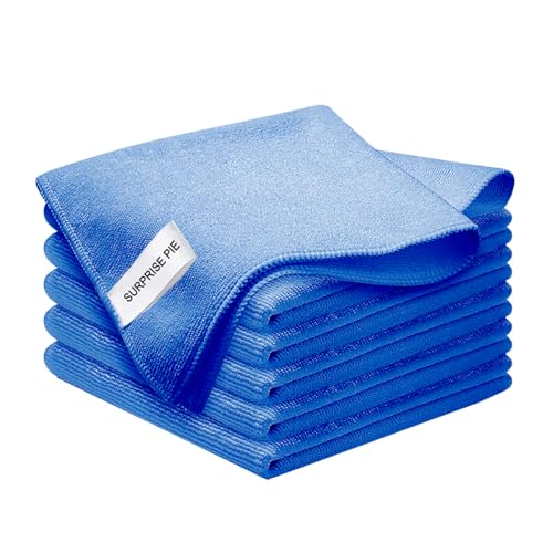 SURPRISE PIE Microfiber Cloth 6Pack Cleaning Rags Absorbant Lint Free Cloth for House, Kitchen, Car, Glass, Stainless Steel, Window, Boat Cleaner-12\'\'x 12\'\'-Blue